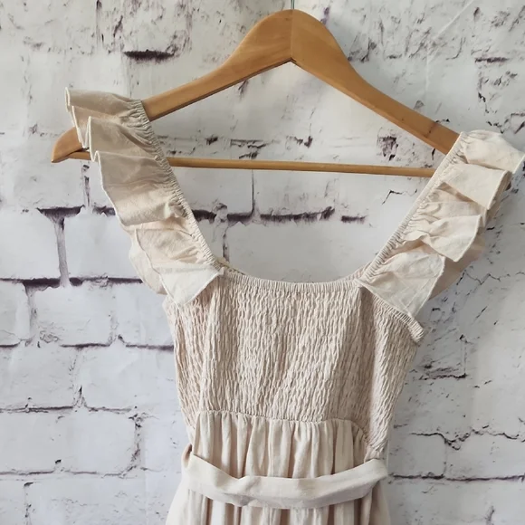 CupShe Beige Smocked Ruffle Midi Dress - Sz S belted dress - EUC! - Picture 8 of 13